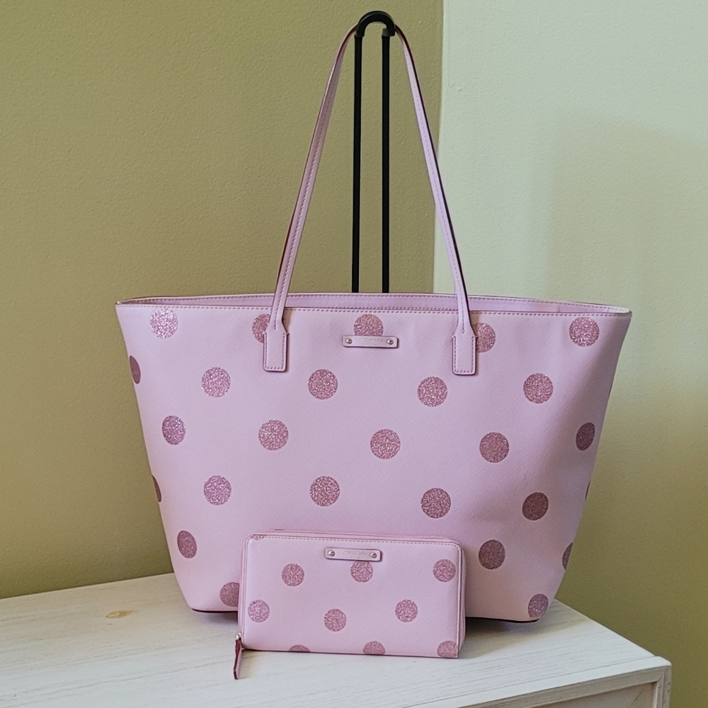 Kate Spade Glitter Polka Large Tote With Maching Zip Around Wallet